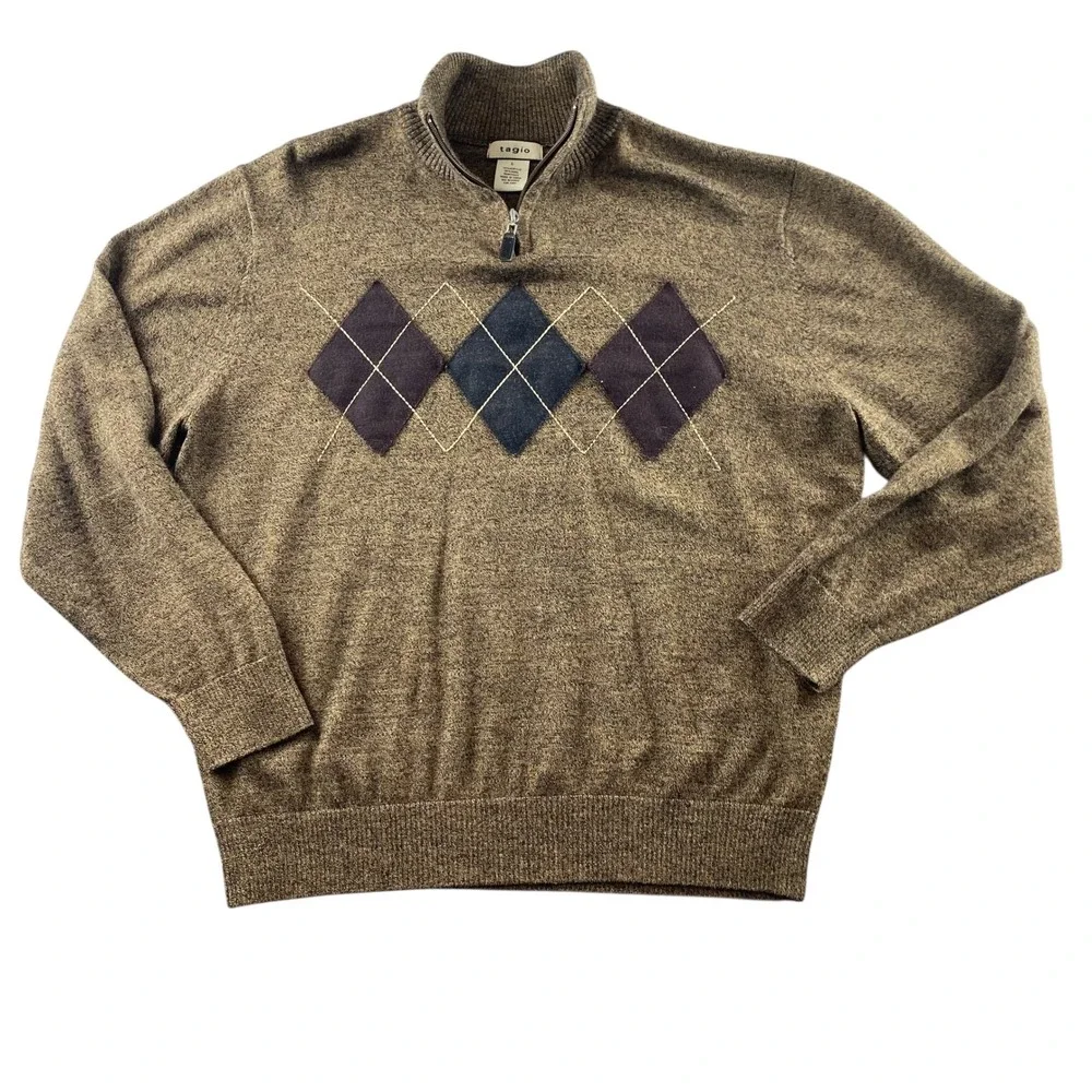 Tagio Mens‎ Argyle Quarter Zip Sweater Brown Wool Blend Marled Pullover Large